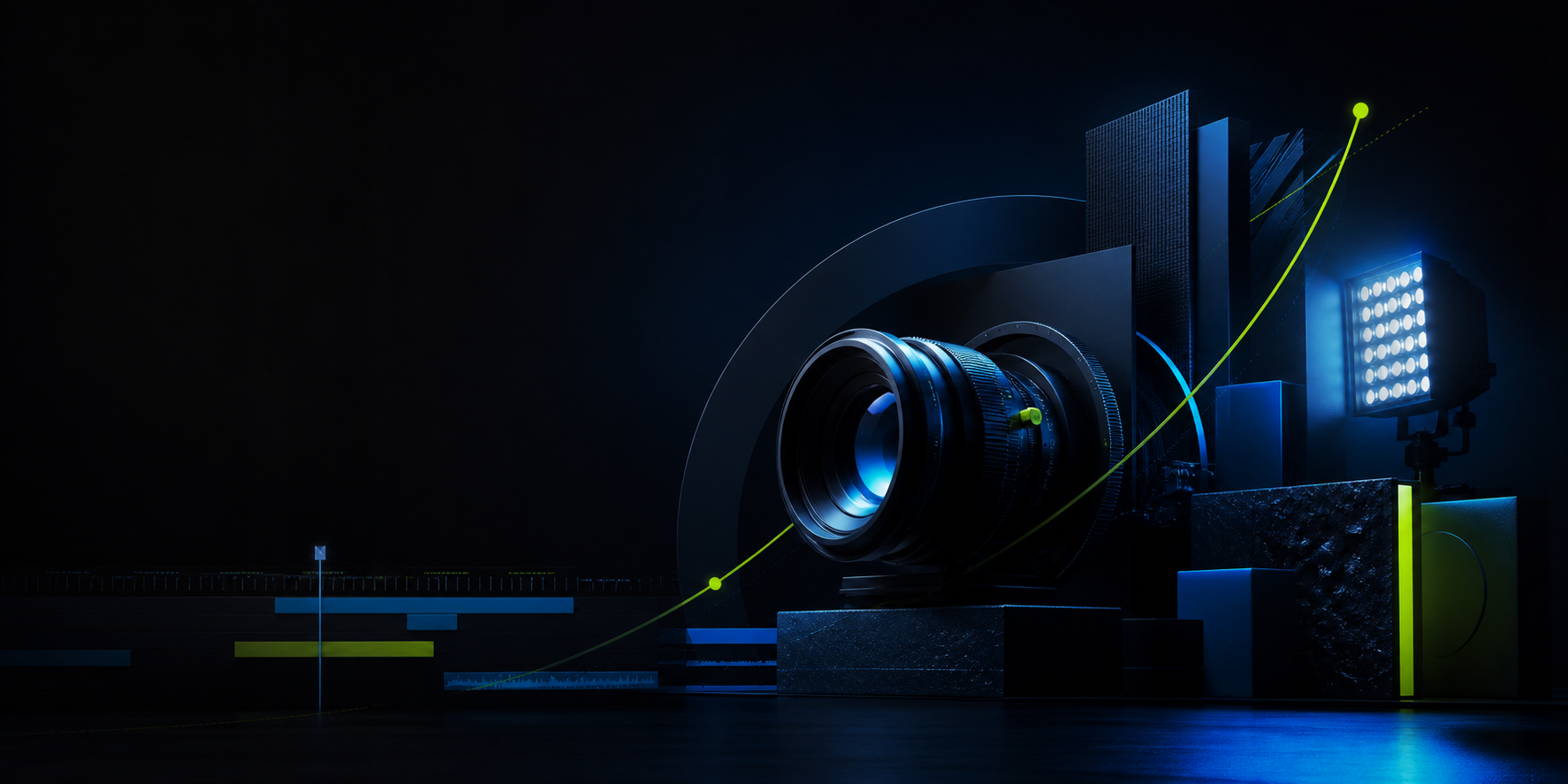 Abstract cinema lens and analytics-inspired production composition